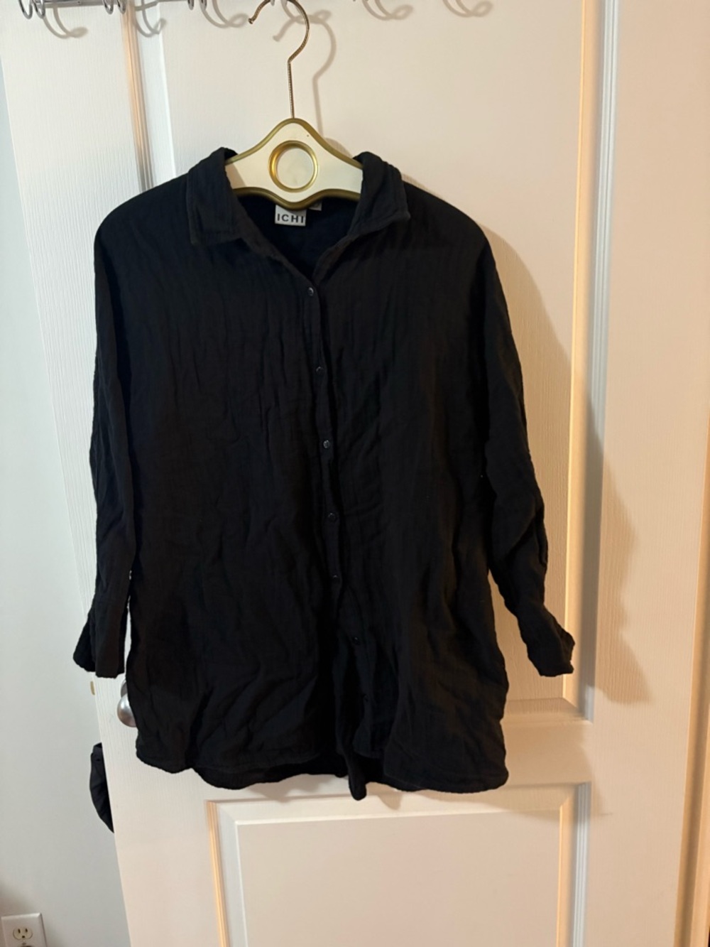 ICHI Black Oversized Cotton Gauze Button Down Shirt Long Sleeve Size Small